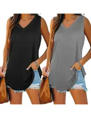 Womens V Neck Flowy Sleeveless Tank Tops - 2 Pack - Black and Grey