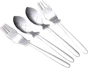 CHENSHUO Stainless Steel Dinner Forks Spoon Set of 4,Convenient Tableware Set For Fish Spoons And Shrimp Forks,Cartoon Dessert Tableware Set,4 Pieces,Silver.