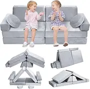 Mmucco Kids Play Couch, 10Pcs Toddler Couch, Kids Sofa Couch, Play Couch Sofa Playroom Bedroom,Modular Kids Couch for Playing, Creativing, Sleeping (Grey)