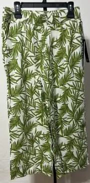 Nicole Miller Large Linen Pants White Green Tropical Wide Leg Elastic Waist New
