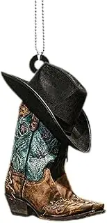 Car Rear View Mirror Pendant, Personalized Cowboy Boots and Hats Flat Acrylic Car Hanging Ornament Charm Auto Interior Rearview Decor