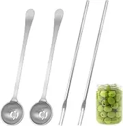 Wjelet 4PCS 7.6 Inch Olive Spoon and Pickle Fork, Stainless Steel Long Handle Pick Jar Serving Spoon with Drain Hole, Slotted Cooking Spoons for Olive, Pickle, Onion, Cherry Jar