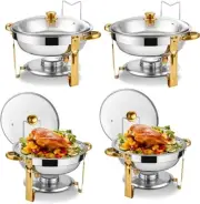 Chafing Dish Buffet Set 4 Pack, 5QT Round Chafing Dishes for Buffet with Glass L