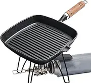 Grill Pan for Indoor Cooking - Camping Frying Pan with Wooden Handle - Ergonomic Heat Resistant Cooking Griddle, Multifunctional Kitchen Cookware Frying Pot for Sandwiches Burgers Bacon