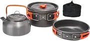 koolsoo 3X Camping Cooking Set, Frying Pan, Teapot, Kettle, Foldable Handle Camping Cookware Mess Kit for BBQ, Outdoor, Cooking