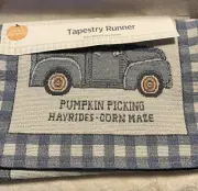 Tapestry Table Runner Fall Farmer’s Market Blue Truck & Pumpkins, NEW 13in x 68