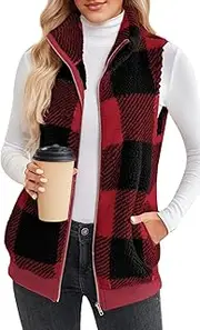 [FEOYA] Women's Fleece Plaid Vest Outerwear Sleeveless Lightweight Zip Jackets Warm Soft Vests with Pockets Stand Collar Quilted