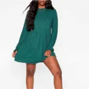Nasty Gal NWT Whatever Rib Takes Mini Dress Green Long Sleeve Size 12
