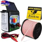Solar Electric Fence Energiser 0.1J 2000M Poly Wire Tape Insulator Kit