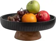 LAVAUK Mango Wood fruit bowl, Decorative black bowl with natural finish pedestal | 12" dia | Dual tone look | Use as Centerpiece for kitchen counter or dining table (Black)