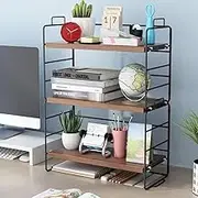 Hbluefat Desktop Shelf Organizer, 3-Tier Adjustable Wood Bookshelf Storage Rack, Small Desk Bookcase, Countertop Display Shelf for Home Office School, Kitchen (Walnut+Black)