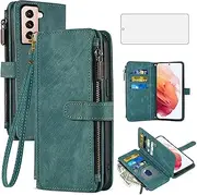 [Asuwish] Phone Case for Samsung Galaxy S21 5G 6.2 inch Wallet Cover with Tempered Glass Screen Protector and Leather Flip Credit Card Holder Stand Lanyard Cell Accessories S 21 21S G5 Women Men Blue