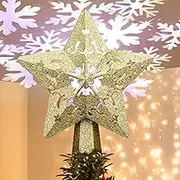 Christmas Tree Topper Projector Light with Colors Snowflake Projecting, Matekxy Gold Star Christmas Tree Decorative Rotating 3D Glitter LED Lighted for Xmas Party Holiday Indoor Outdoor Decorations