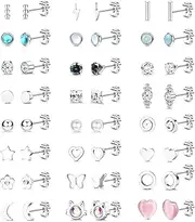 [Kakonia] 24 Pairs Small Stud Earrings for Women Girls Stainless Steel Multiple Geometric Tiny Ball Opal Star Heart Pearl Flower Cubic Zirconia Earrings Hypoallergenic Silver Stud Earrings Set