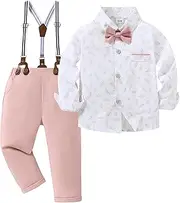 [ZOEREA] Toddler Baby Boy Suit Clothes Gentleman Wedding Outfits Long Sleeve Dress Shirt + Suspender Pants + Bowtie 1-5T, Pink, 2-3 Years