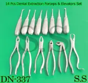 14 Pcs Dental Extraction Forceps Upper lower & Elevators Curved Straight DN-337