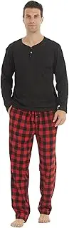 [Lanbaosi] Pajamas for Men Set Long Sleeve Henley Microfleece Shirt Plaid Flannel Pants Comfy Pjs Sleepwear Plush Loungewear
