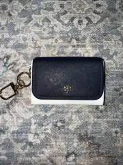 Tory Burch Navy Saffiano Leather Card Case Key Ring Coin Pouch Wallet NWT