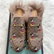 Gucci Princetown Fur X Disney Mickey Mouse GG Supreme Mule Horsebit Slipper 38.5