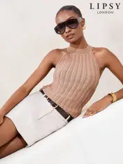 Lipsy Pink Knitted Sparkle Metallic Halter Neck Top (F40178) | $88