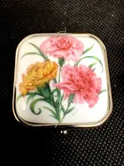Nickel with Porcelain Hand Painted Vintage Pill Box with case Made in Italy