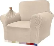 Granbest High Stretch Armchair Covers Super Soft Chair Covers for Living Room Jacquard Sofa Cover for Dogs Non Slip Chair Slipcover with Arms Furniture Protector (1 Seater, Beige)