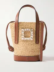 [Roger Vivier] Roger Vivier - Viv Skate Mini Crystal-embellished Leather-trimmed Raffia Bucket Bag - Neutral - One size One size Neutrals