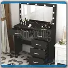 Black Dressing Table Makeup Vanity Desk With Large LED Mirror 5 Drawers Bedroom