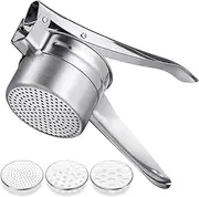 Multi-Purpose Stainless Steel Potato Ricer, Heavy Duty Large Capacity Potato Masher with 3 Interchangeable Discs, Ricer for Vegetable and Fruit with Interchangeable Strainers