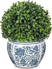 Oairse Preserved Boxwood Ball in Blue and White Ceramic Pot, Boxwood in Planters Preserved Plant Topiary for Table Centerpiece Indoor Plant Home Decor