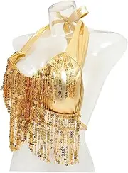 [FOYTOKI] 1pc Sequin Latin Dance Top for Women Strap Festival Costume Sequins for Rave Halloween Photo Shoots