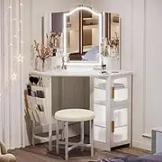 Dystler Corner Dressing Table with Mirror and Lights, Makeup Vanity Desk with 3 Lighting and Charging Station, Vanity Set with Stool, Women’s Vanity for Bedroom, White