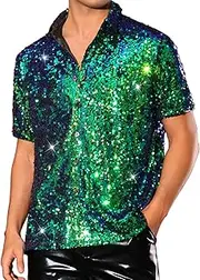 [Lars Amadeus] Sequin Dress Shirt for Men's Short Sleeve Button Down 70s Disco Costume Party Sparkle Shiny Shirts