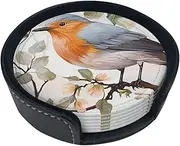 Floral Print Watercolor Robin Bird Leather Coasters Set of 6 Waterproof Insulated Cups Pad Mat with Holder Non-Slip Car Coasters for Home and Kitchen Desktop Decor