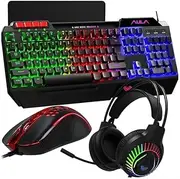 Aula T650 Gaming Keyboard Mouse Headset and Mousepad Combo Set Bundle, RGB LED Backlit USB Wired Keyboard, Mouse, Headphones for PC, Computer, Laptop