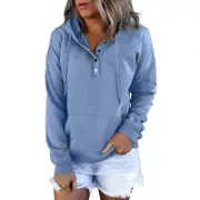 Womens Casual Button Down Hoodies Pullover Tops Drawstring Long Sleeve Sweatshirts Fall Clothes With Pocket- Light Blue