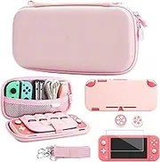 GLDRAM Carrying Case for Nintendo Switch Lite, Accessories Bundle with Pink Sakura Travel Case, Soft TPU Protective Skin Cover, HD Screen Protector, 2 Cute Thumb Grips and Adjustable Shoulder Strap