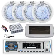 Pyle Bluetooth Marine Receiver,Cover, Antenna,Amp w/Kit, 4x 4" LED White Speaker