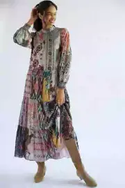 Anthropologie Printed floral Patchwork Maxi Dress XS NEW NWT cotton silk blend