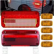 RV Camper Trailer LED Stop Turn Brake Tail Lights with License Plate Lights White Base Brackets + 5pcs Amber Double Bullseye LED Side Marker Lights