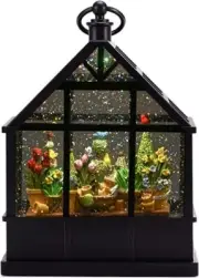 Lighted water lantern greenhouse glitter snow globe with birds and topiaries