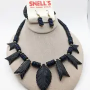 Vintage Philippines Hand Carved Wood Shell Necklace Earrings Tribal by Snell's