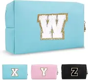 Small Personalized Initial A-Z Preppy Patch Makeup Bag,PU Chenille Letter Travel Cosmetic Pouch with Zipper,Blue Cute Toiletry Bag,Gift Ideal for Teen Girls Women Teacher Bridesmaid,Letter W