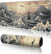 KmtPeds Japanese Sea Waves Large Gaming Mouse Pad, XL Pad Mat Desk 31.5 x 11.8in Anime Pads for Desk, Extended Keyboard Mousepad with Non-Slip Base and Stitched Edge