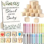 wookidel Baby Shower Game Sign Kit with 50 Blank Wooden Baby Blocks, 24 Acrylic Paint Marker and Wooden Baby Shower Sign, Baby Shower Game Set for Baby Shower Prize, Gender Reveals Party(Woodland)