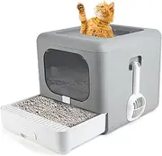 Large Foldable Cat Litter Box with Lid, Closed Cat Litter Boxes with Plastic Scoop, Drawer Type Top Entry Anti-Splashing Cat Potty, Covered Leak Proof Kitty Toilet Litter Pan (Grey)