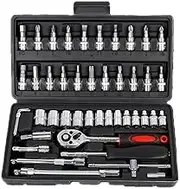 Eisbiek 46 Pieces 1/4 inch Drive Socket Ratchet Wrench Set, Mechanic Tools with Bit Socket Set Metric and Extension Bar for Auto Repairing and Household, with Storage Case (black)
