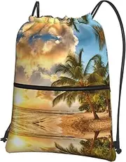 EdWal Sunset Hawaiian Palm Tree Print Drawstring Backpack Gym Bags Sports Bags With Zipper Pocket For Travel Beach, Black, One Size