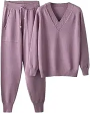 [Generic] Women Knit Tracksuits Suits V Neck Pullover Sweater Drawstring Harem Pants Matching Sets Jogging Pants Lounge Set