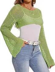 [ETOSELL] Women Long Sleeve Y2K Crop Tops Hollow Out Crochet Shrug Bolero top See Through Loose Cover Up Mesh Pullover